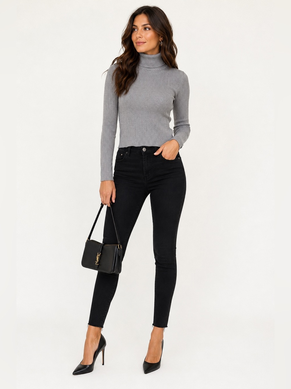 Gray Ribbed Turtleneck Sweater